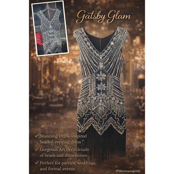 Gatsby Glam 1920s Inspired Beaded Flapper Dress Black Silver Art Fringe S/M
